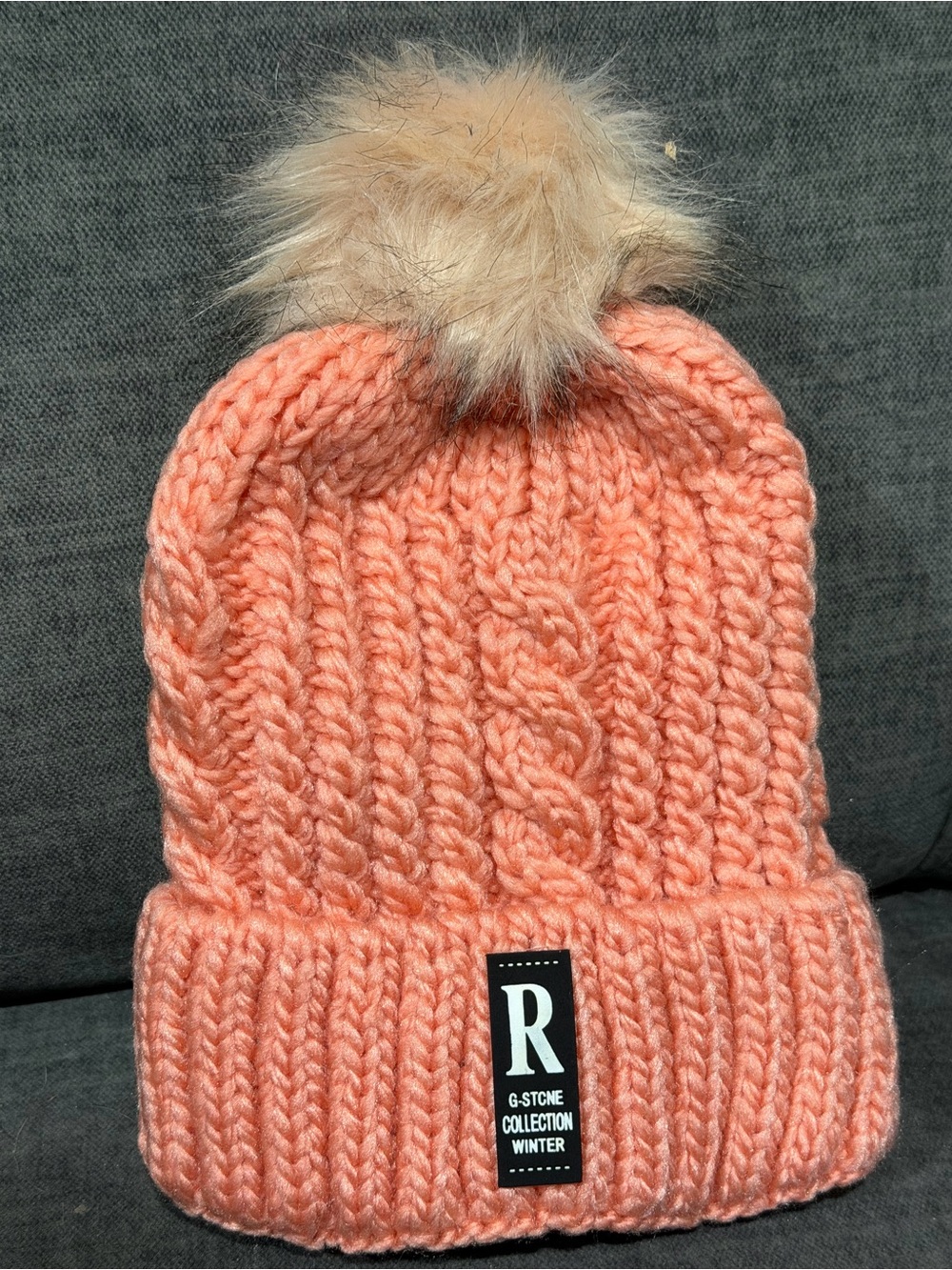 R-Label Peach Knit Pom Beanie for Kids